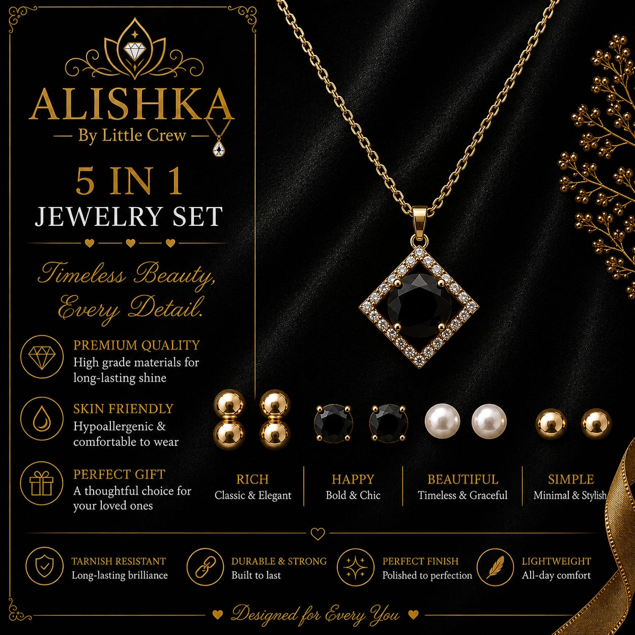 5-in-1 Crystal Pendant & Stud Earrings Jewelry Set
