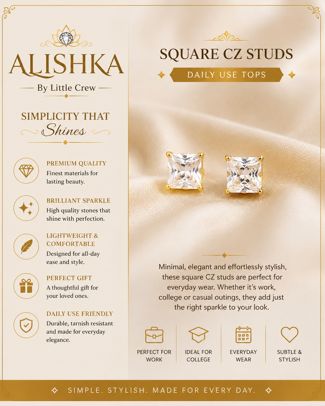 Square CZ Crystal Daily Wear Stud Earrings