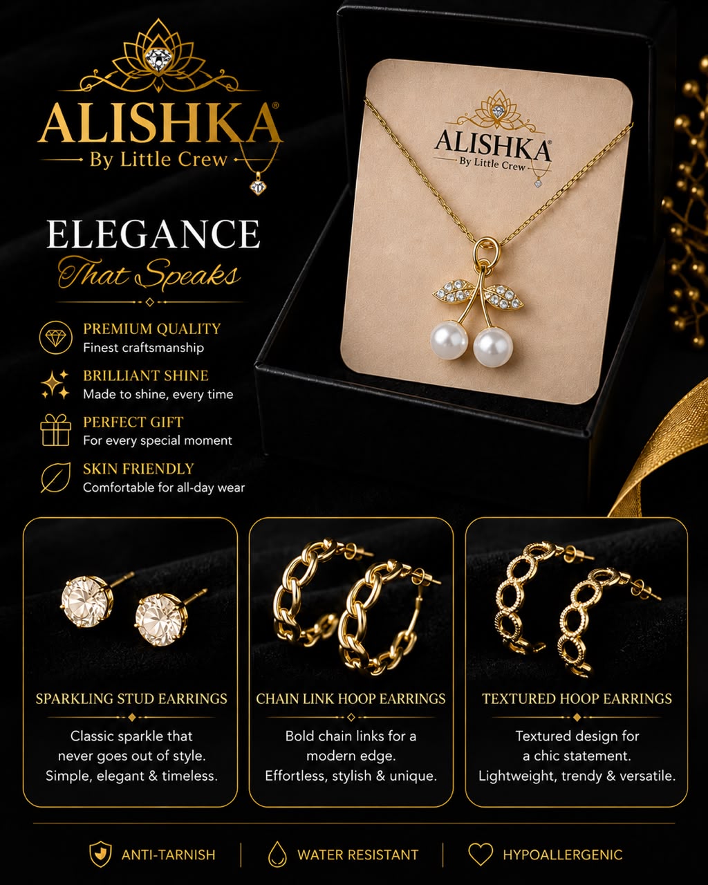 Golden Pendant & 3 Earrings Jewelry Set