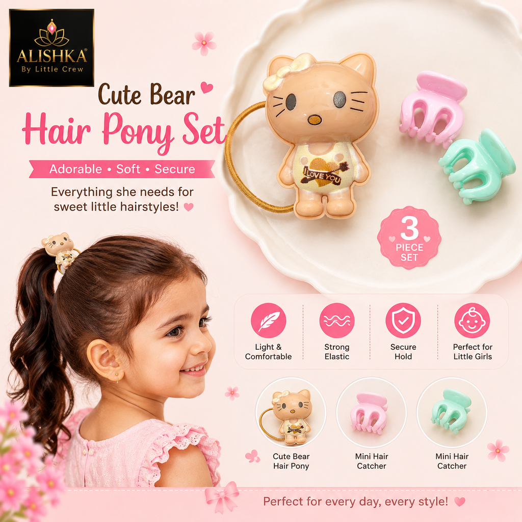 Cute Bear Hair Pony & Mini Catcher Set for Girls – 3 Pieces