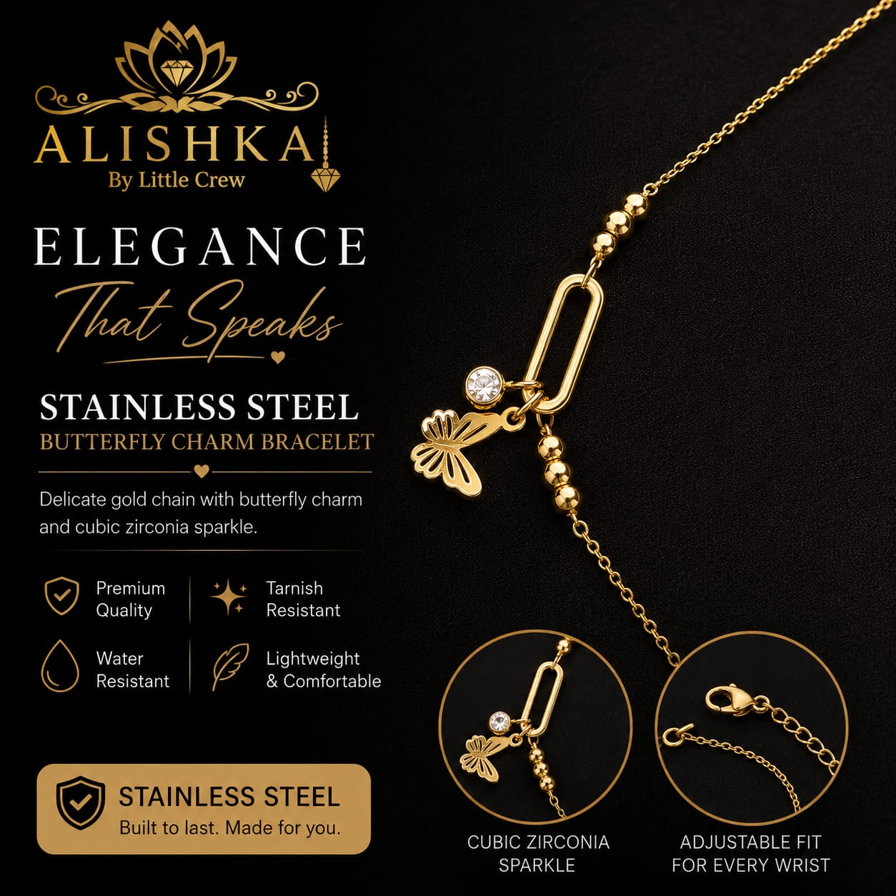 Butterfly Charm Stainless Steel Bracelet – Golden