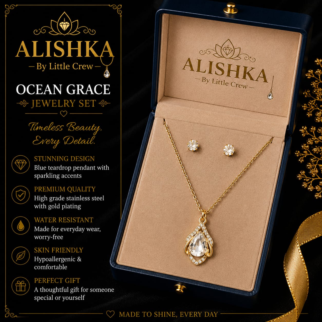 Elegant Crystal Pendant & Stud Earrings Jewelry Set + Free Steel Bangle