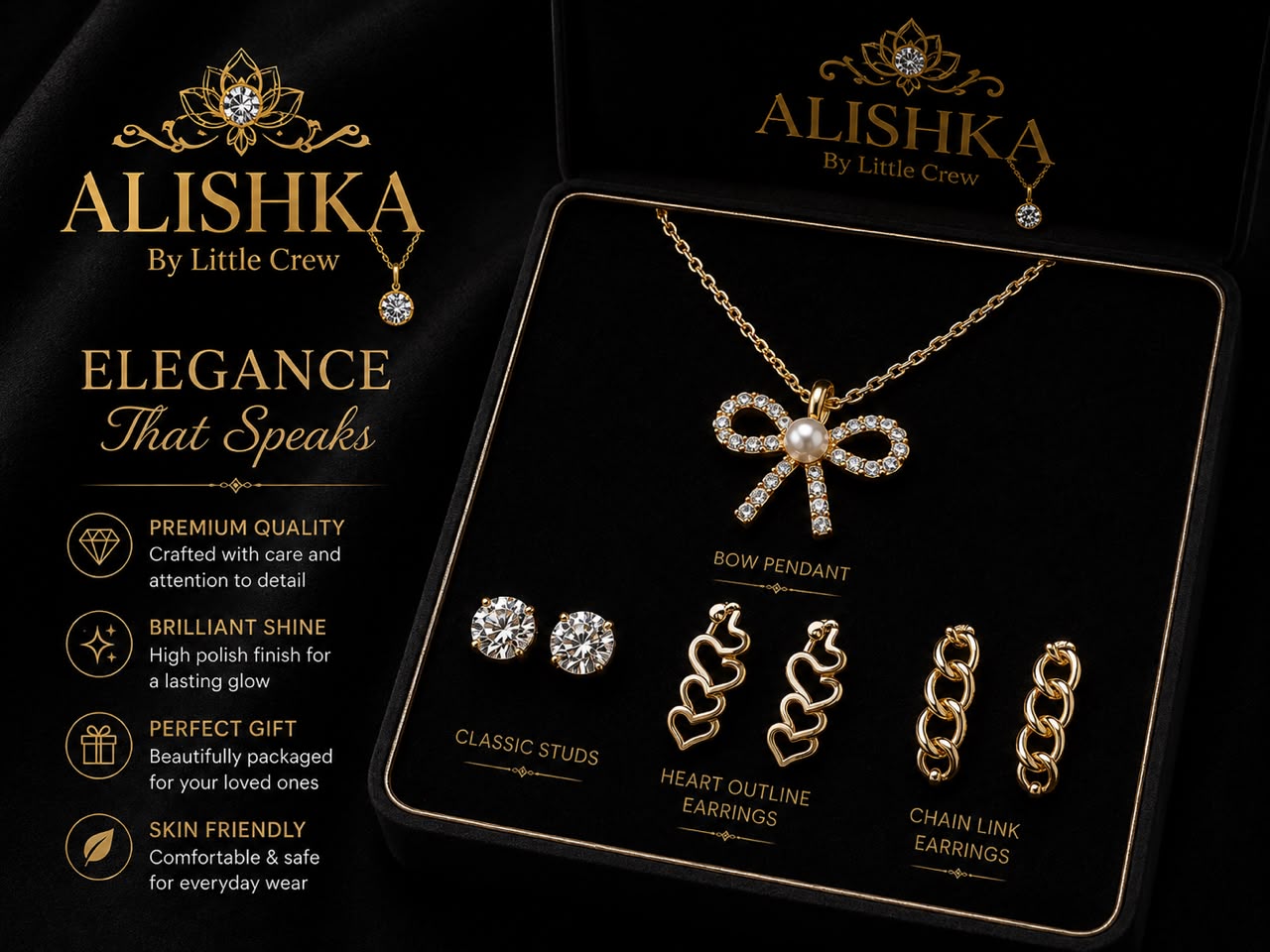 Golden Pendant & 3 Earrings Jewelry Set