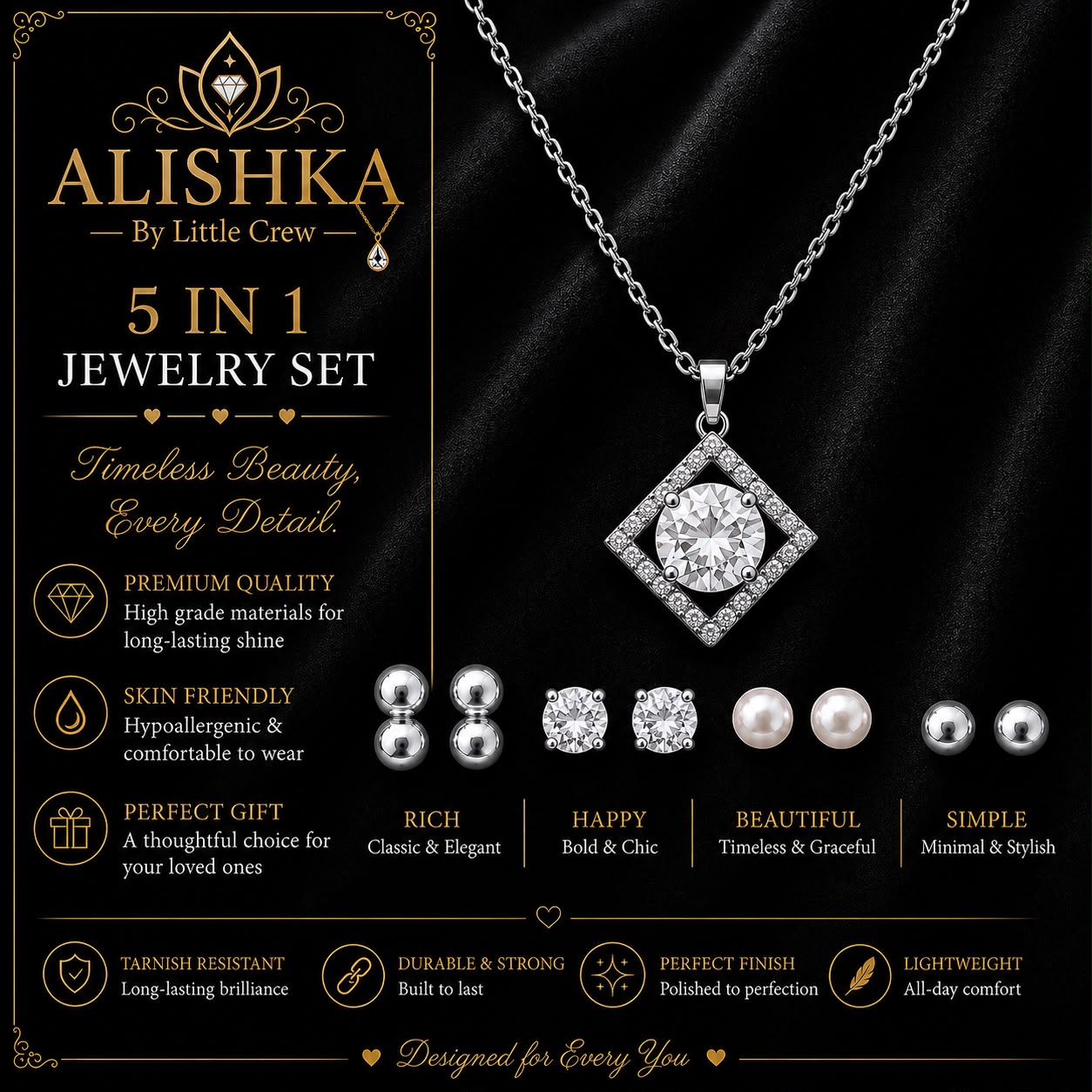 5-in-1 Crystal Pendant & Stud Earrings Jewelry Set