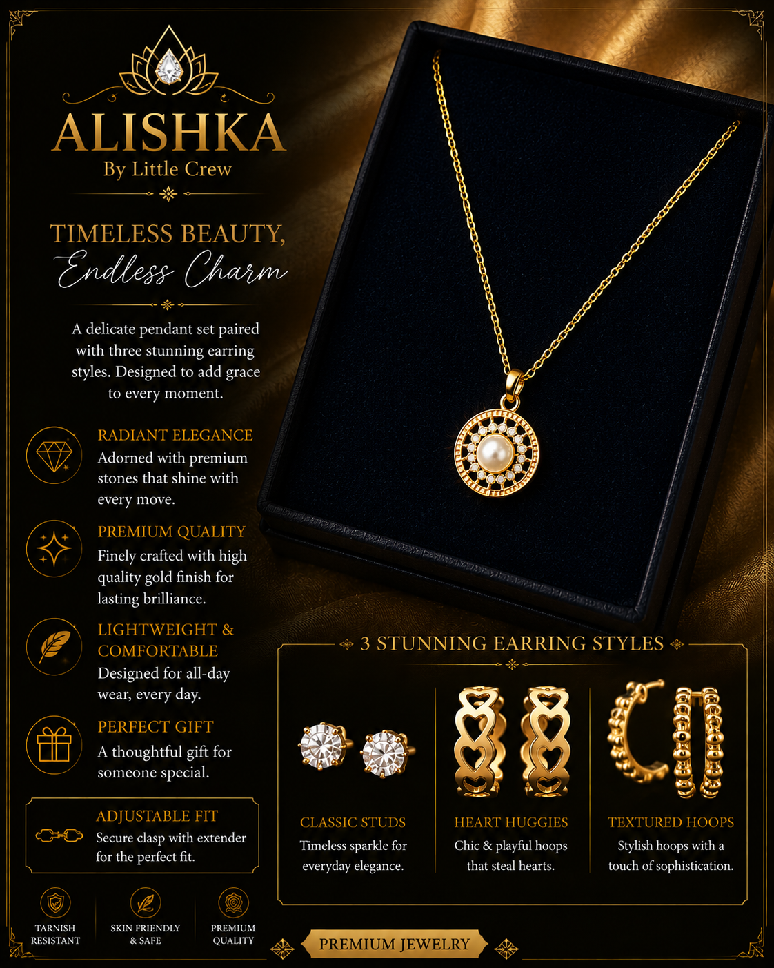 Golden Pendant & 3 Earrings Jewelry Set