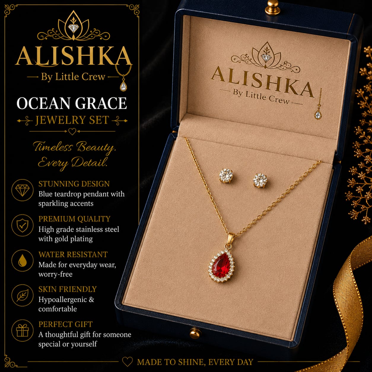 Elegant Crystal Pendant & Stud Earrings Jewelry Set + Free Steel Bangle