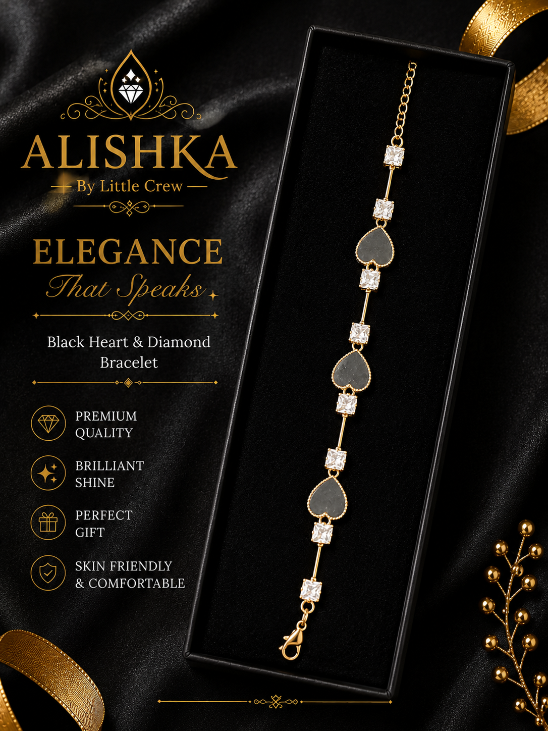 Black Love Charm Bracelet – Elegant Heart Design