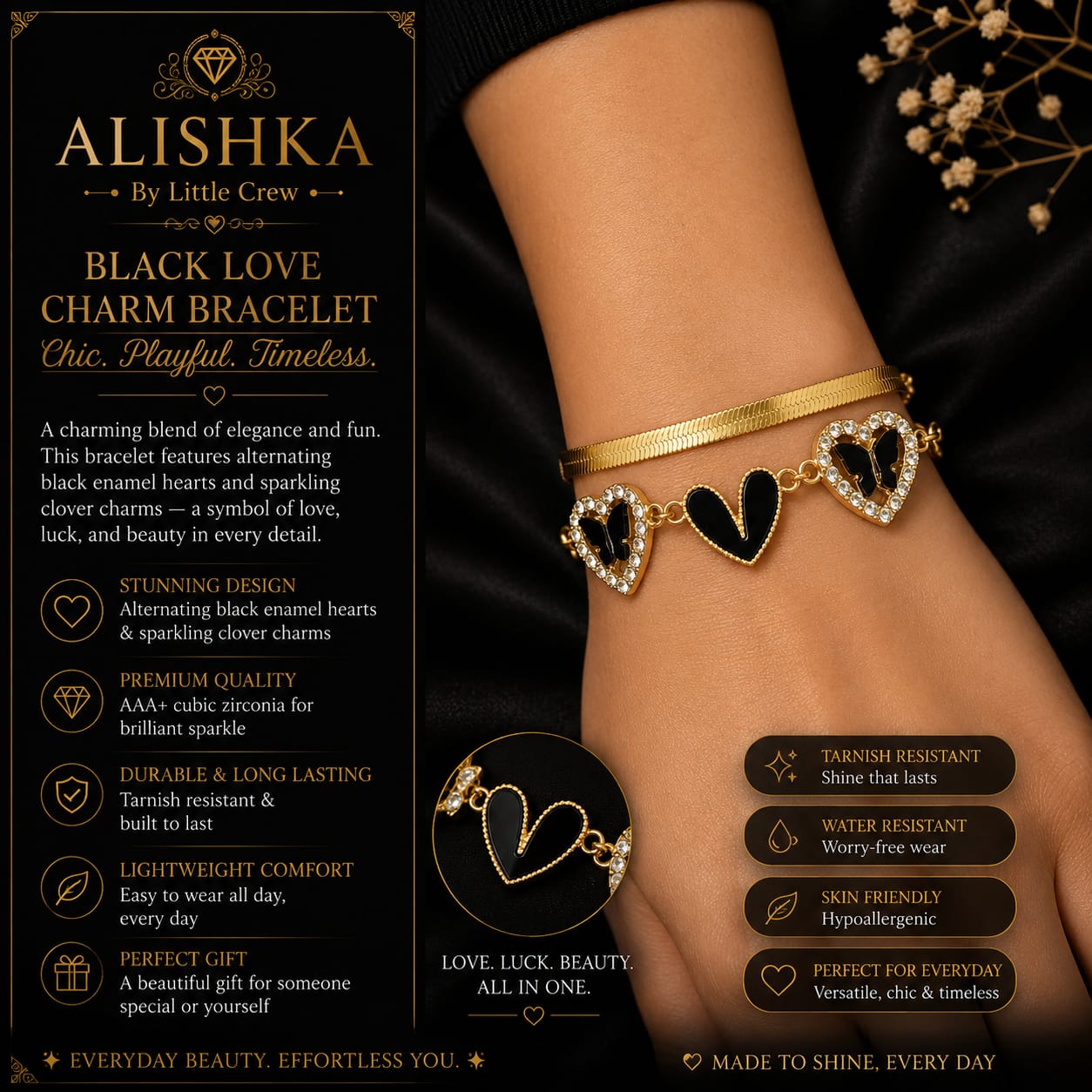 Black Love Charm Bracelet – Elegant Heart Design