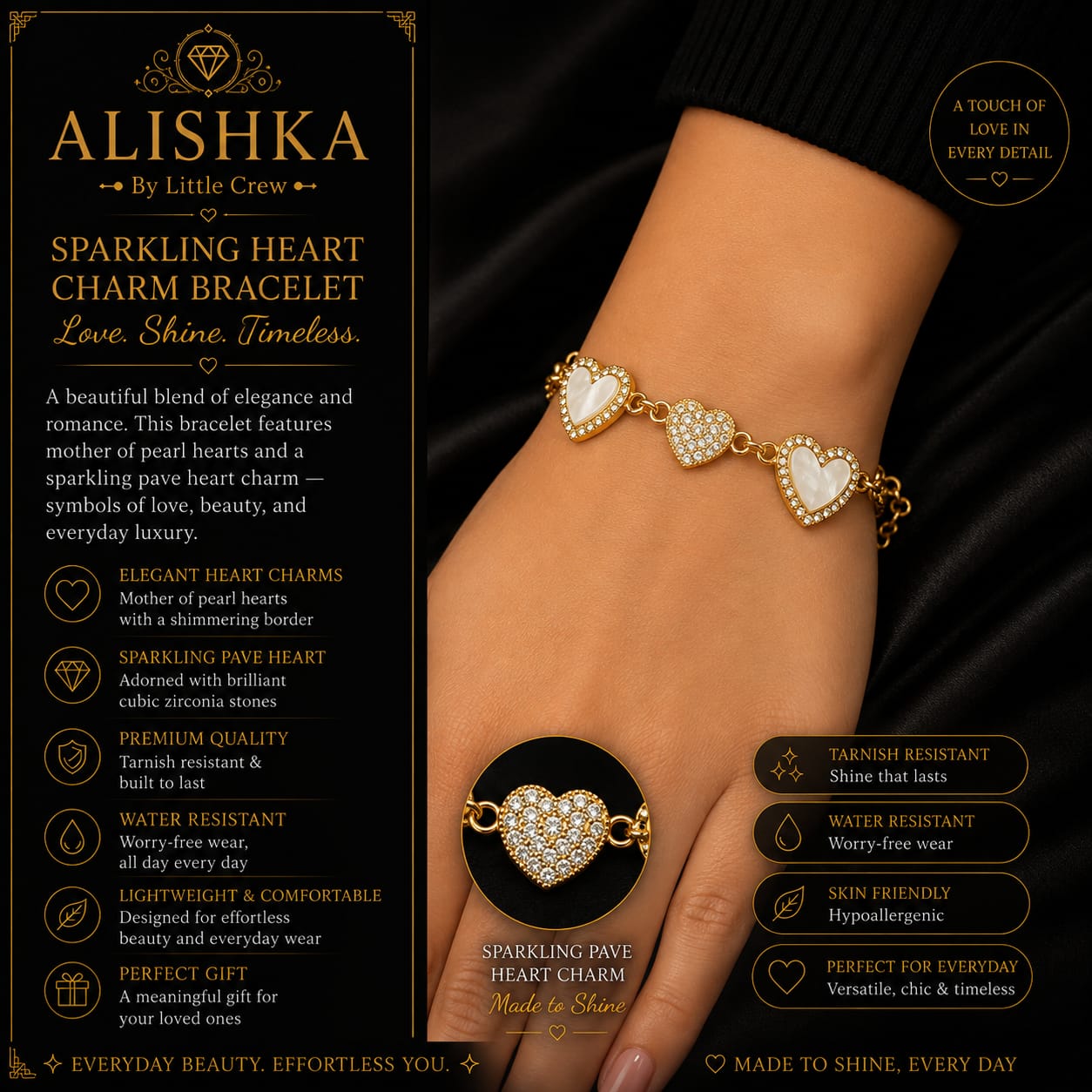 Black Love Charm Bracelet – Elegant Heart Design