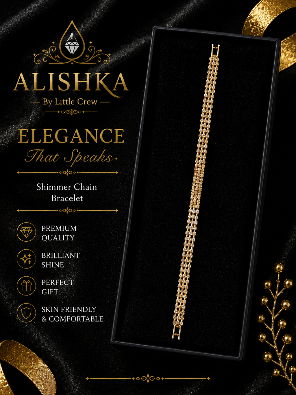 Shimmer Crystal Chain Bracelet – Golden, Silver & Black