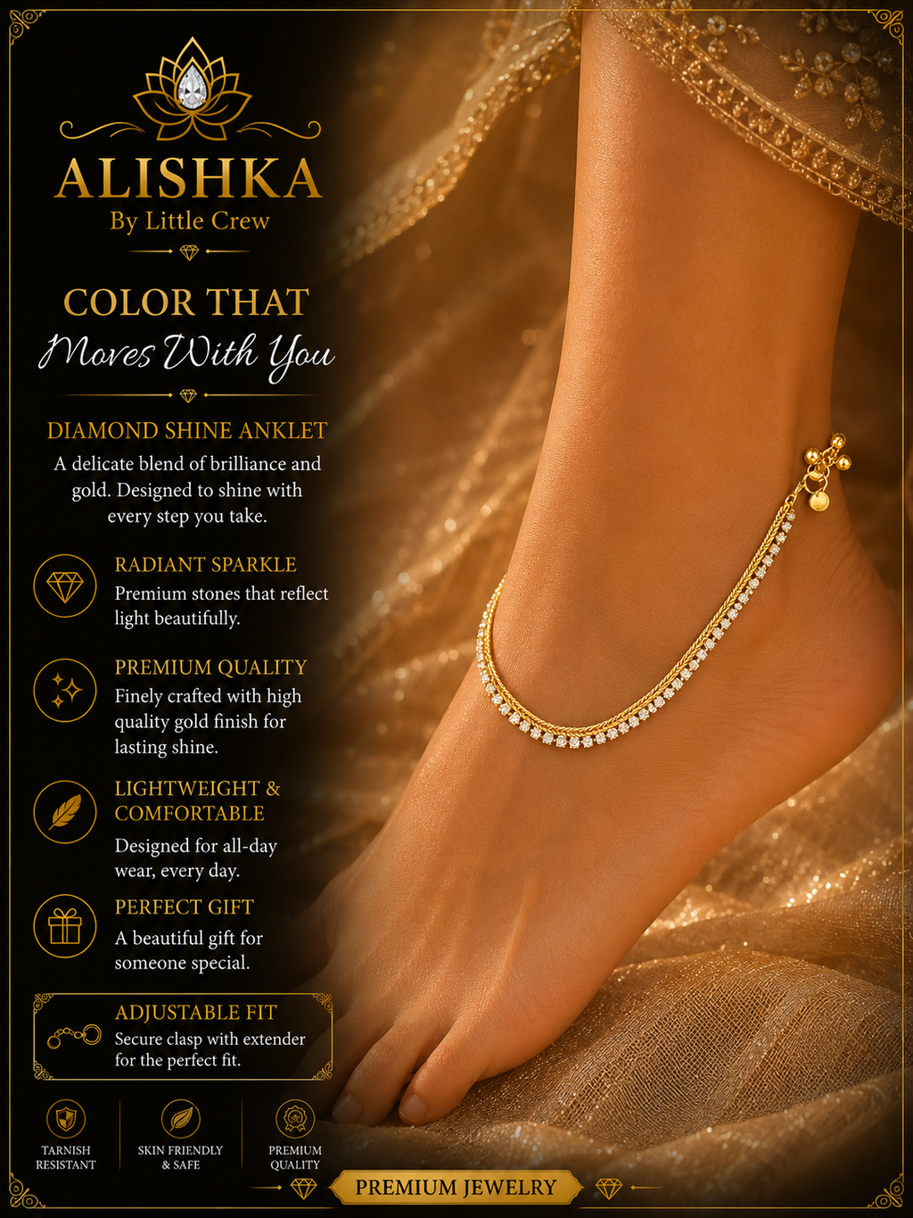 Diamond Shine Golden Anklet – Adjustable Fit