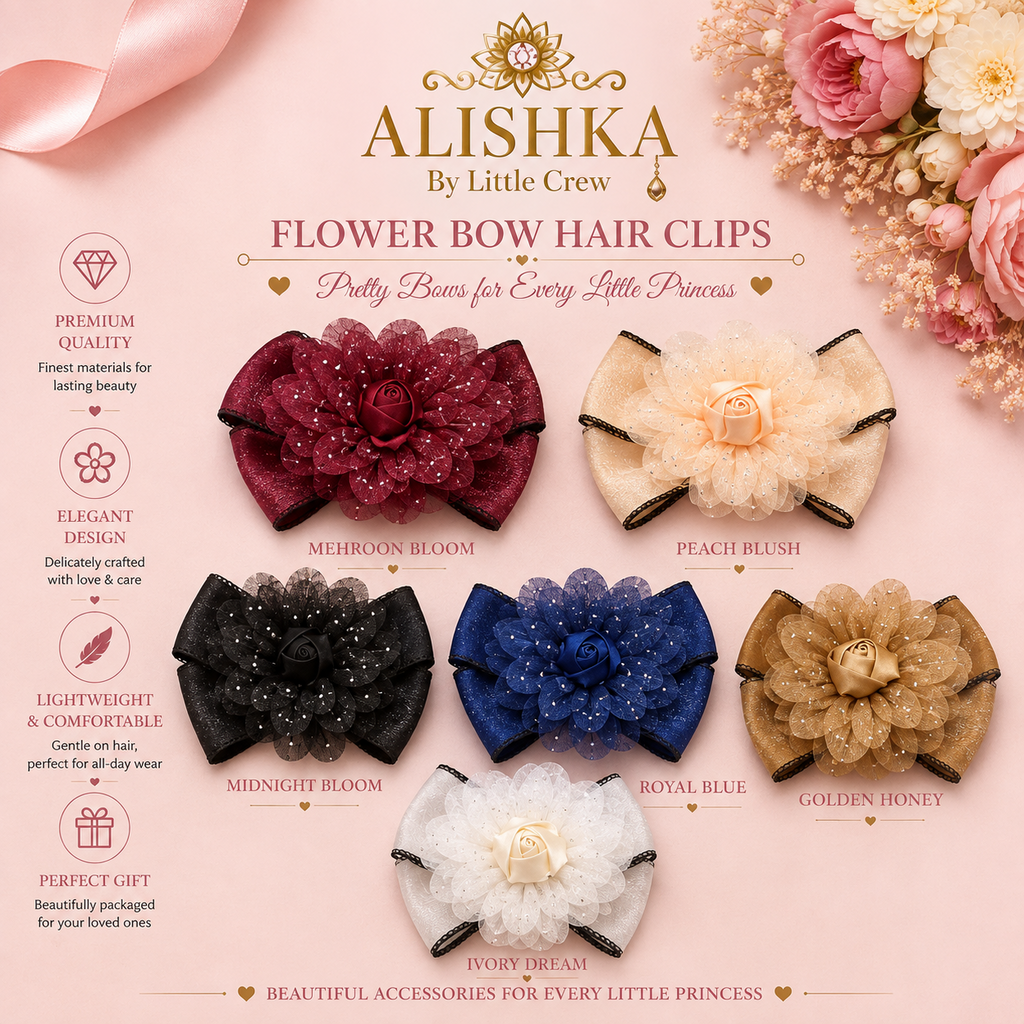 Elegant Flower Bow Hair Clips for Girls – 6 Color Variants