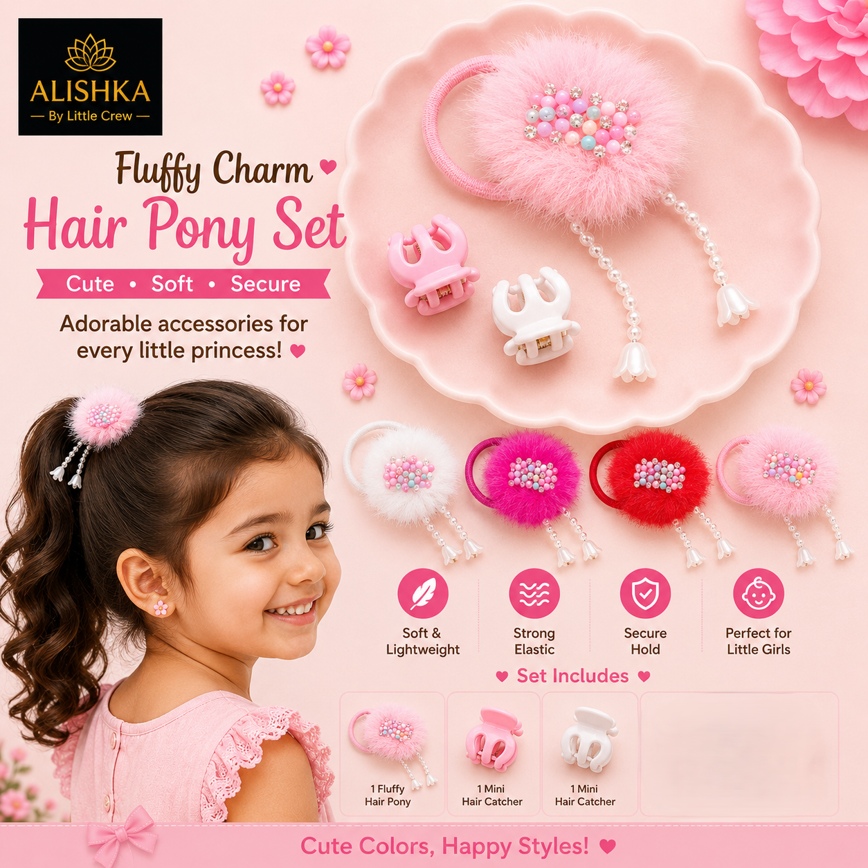 Fluffy Charm Hair Pony & Mini Catcher Set for Girls – 3 Pieces
