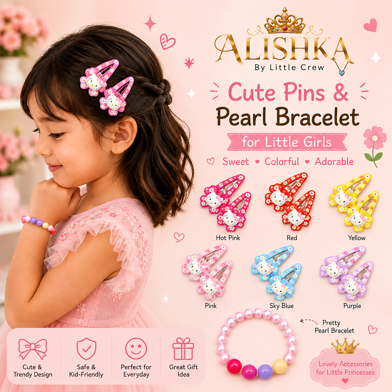 Cute Hair Pins & Pearl Bracelet Set for Little Girls
