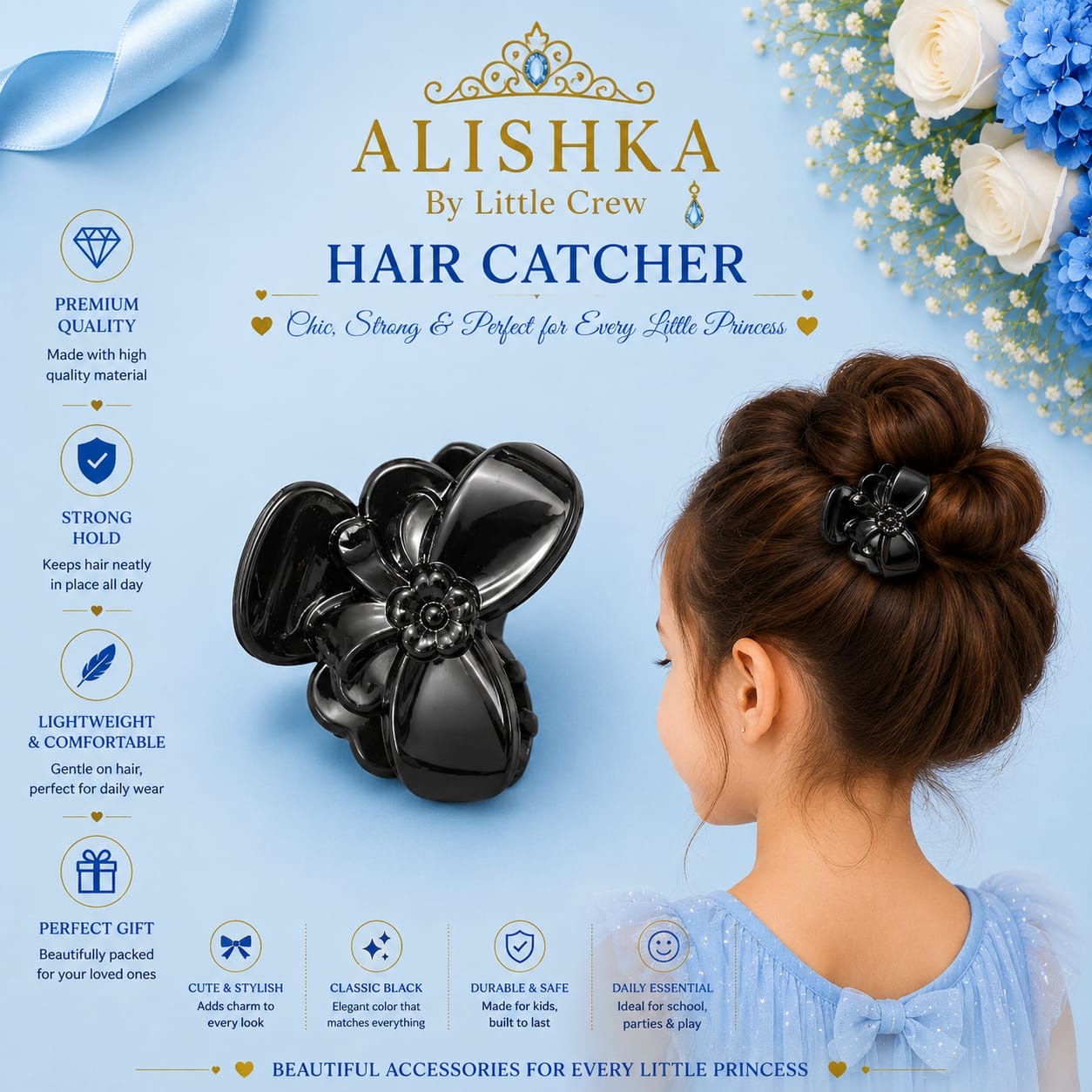2 PC Classic Black Flower Hair Catcher for Girls