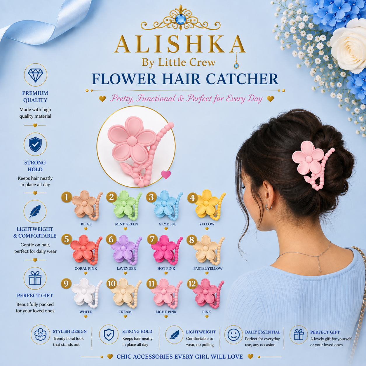 Floral Hair Catcher for Girls – 12 Color Variants