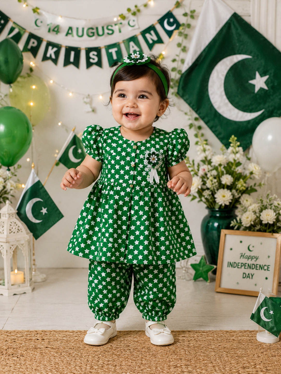 Pakistan Independence Day Girls Green Star Print Dress Set