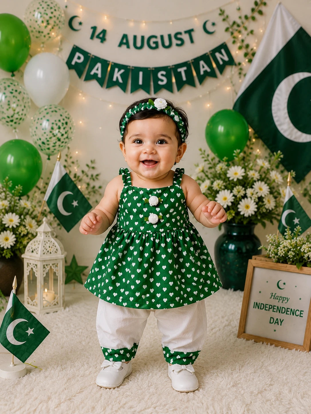 Pakistan Independence Day Girls Green Heart Print Dress Set