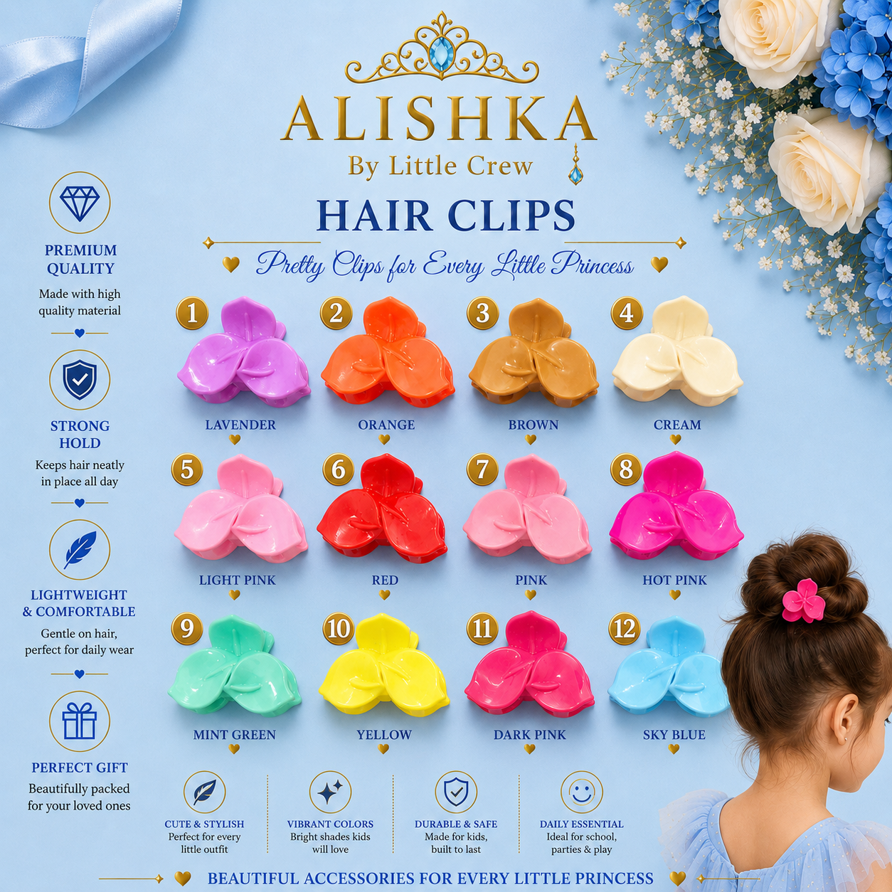 Floral Hair Claw Clips for Girls – 12 Color Variants