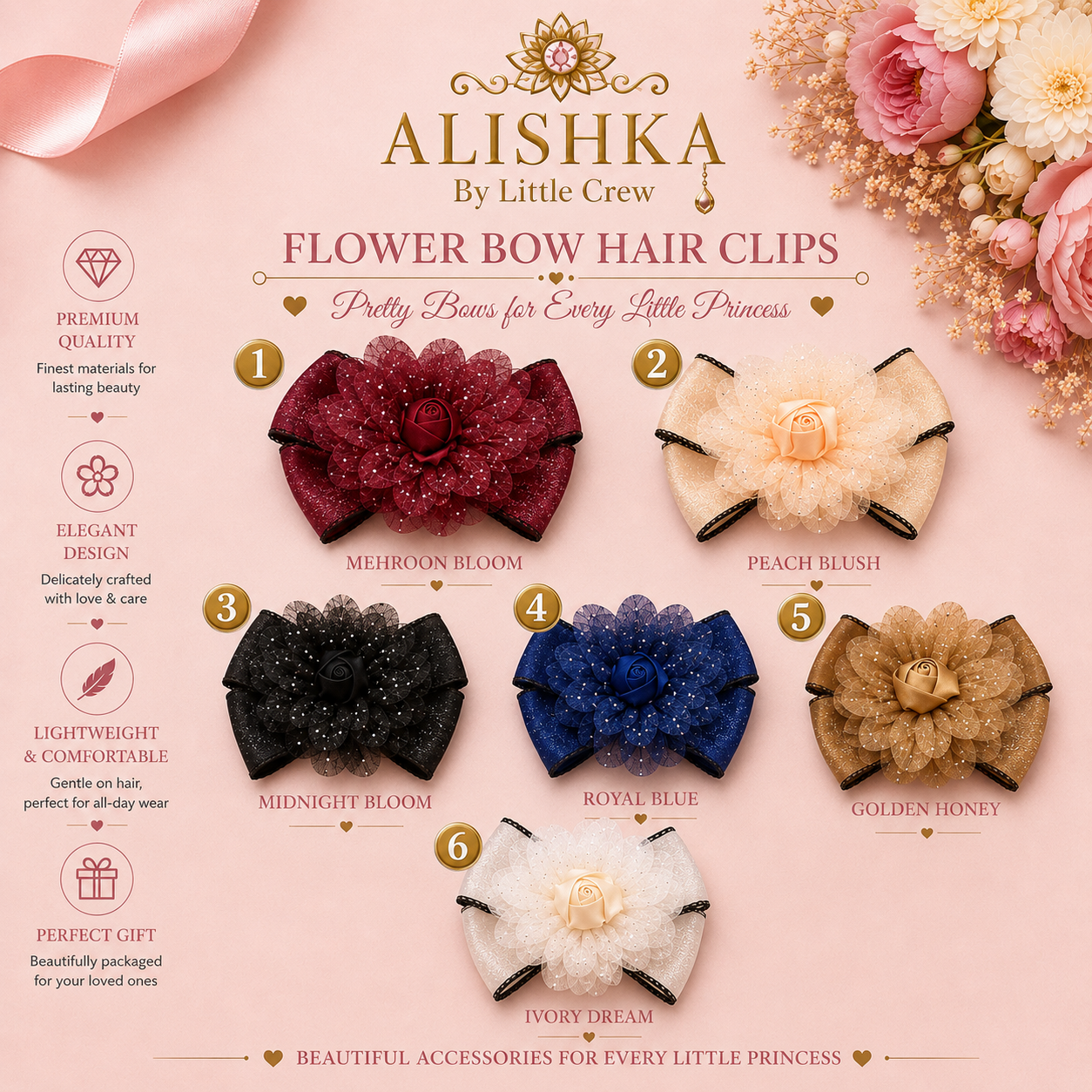 Elegant Flower Bow Hair Clips for Girls – 6 Color Variants