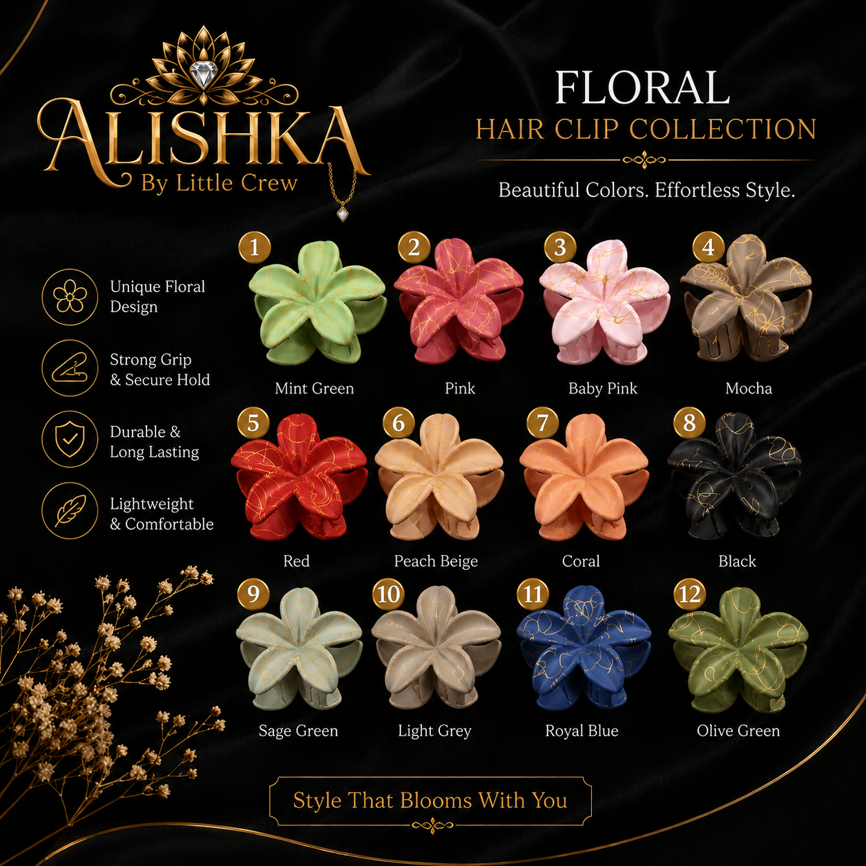 Floral Hair Catcher Clips for Girls – 12 Beautiful Colors
