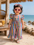 Girls Rainbow Stripe Frill Jumpsuit with Waist Tie