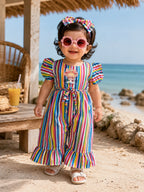 Girls Rainbow Stripe Frill Jumpsuit with Waist Tie