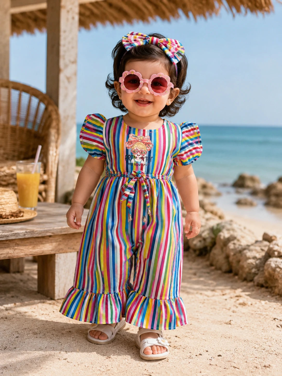 Girls Rainbow Stripe Frill Jumpsuit with Waist Tie