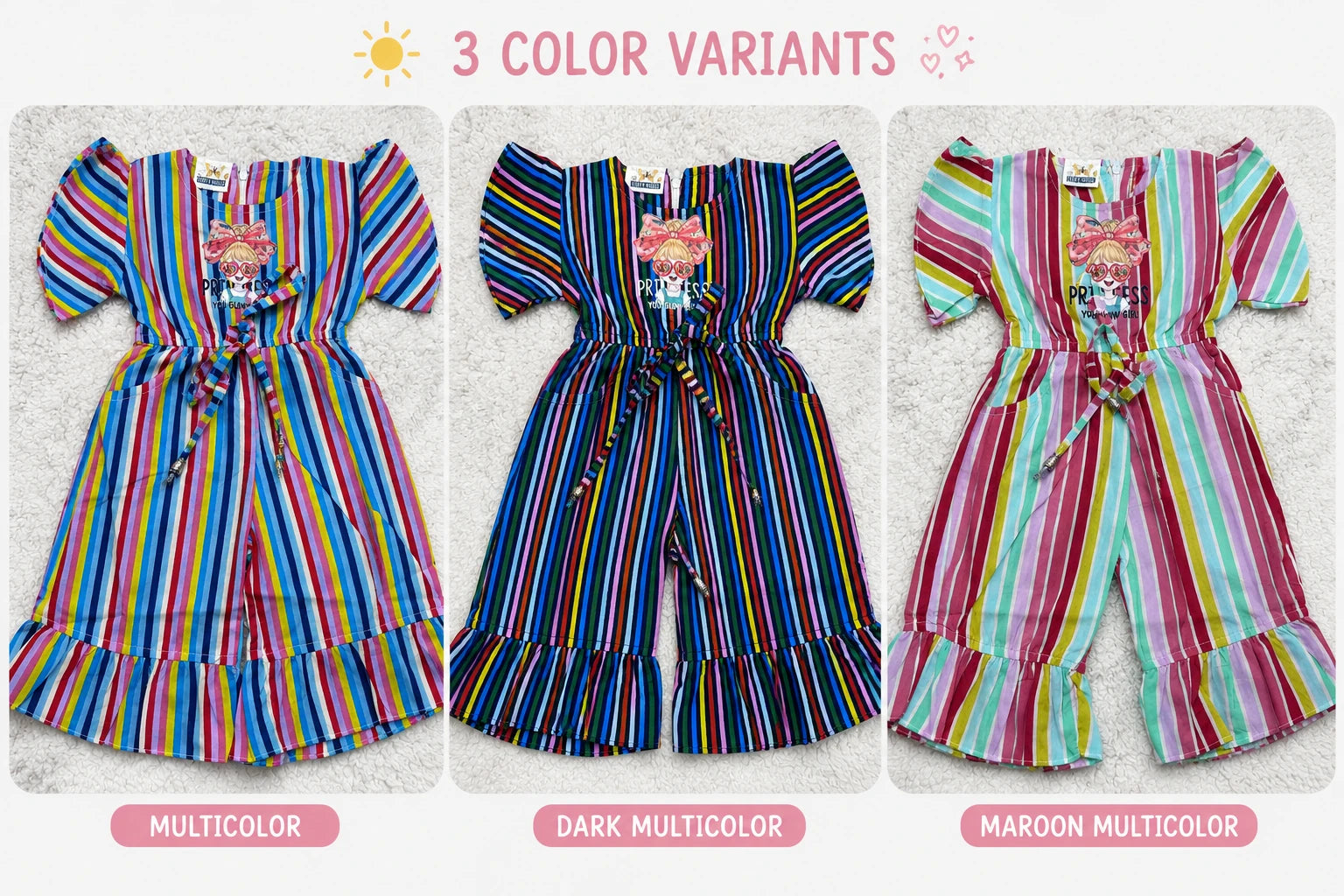 Girls Rainbow Stripe Frill Jumpsuit with Waist Tie
