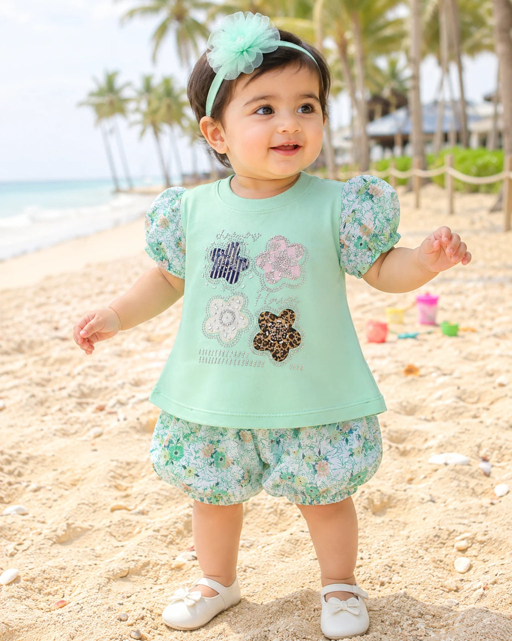 Floral Top & Bloomers Set | Cotton Summer Outfit with Puff Sleeves | Little Crew
