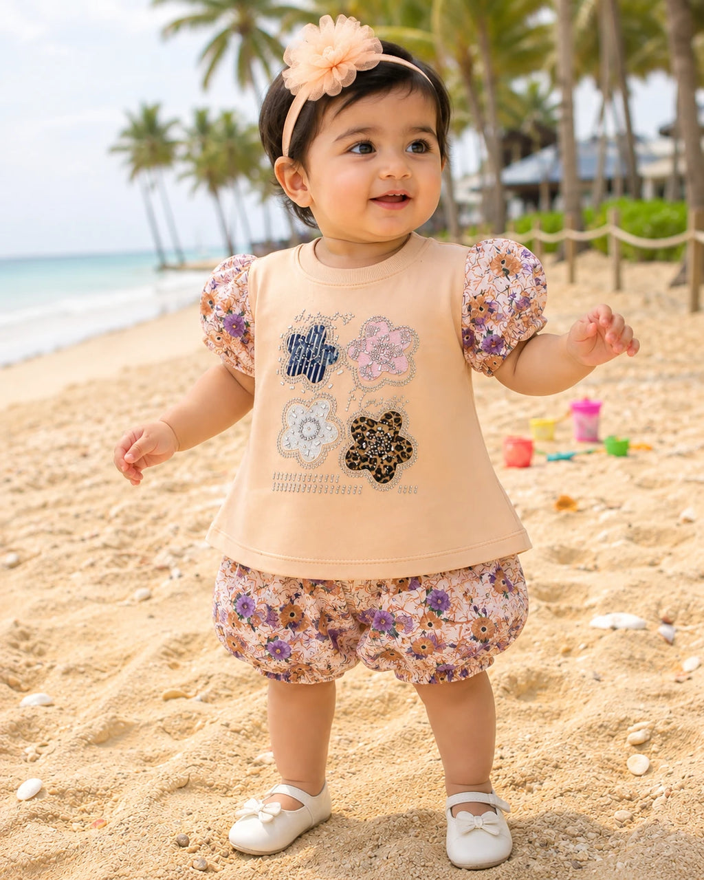 Floral Top & Bloomers Set | Cotton Summer Outfit with Puff Sleeves | Little Crew