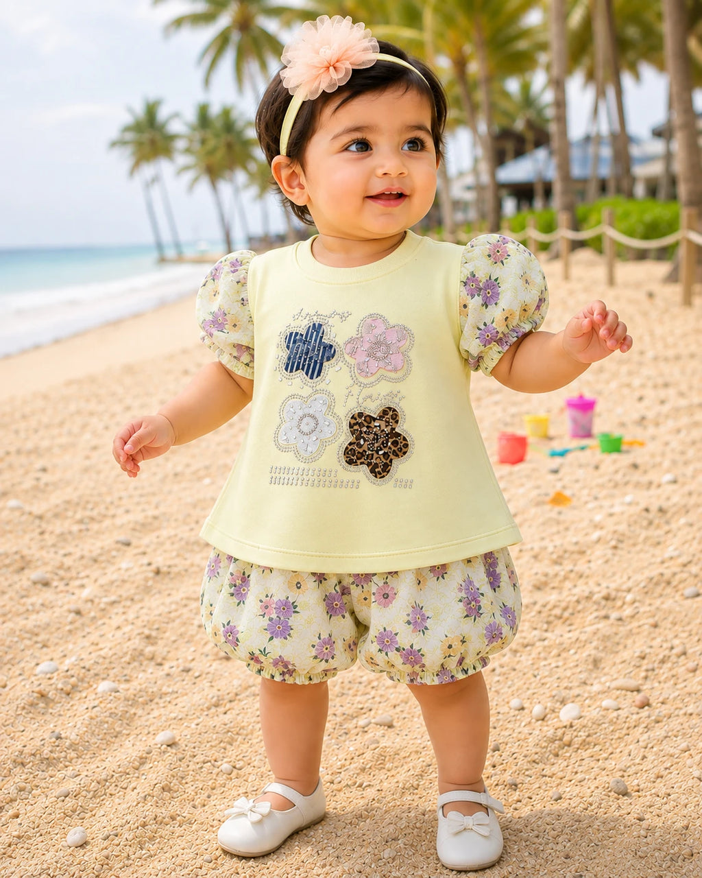 Floral Top & Bloomers Set | Cotton Summer Outfit with Puff Sleeves | Little Crew