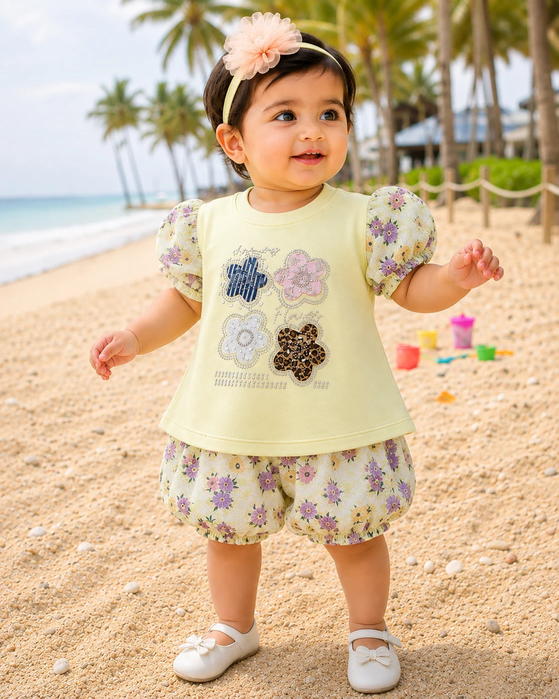 Floral Top & Bloomers Set | Cotton Summer Outfit with Puff Sleeves | Little Crew