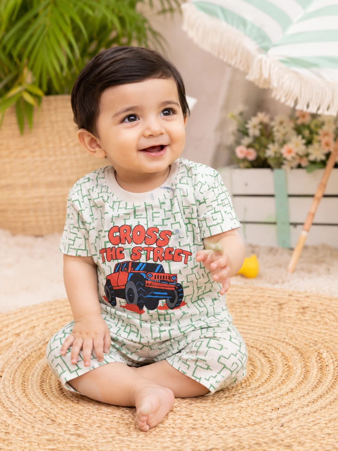 Cotton T-Shirt & Shorts Set with Off-Road Jeep Print