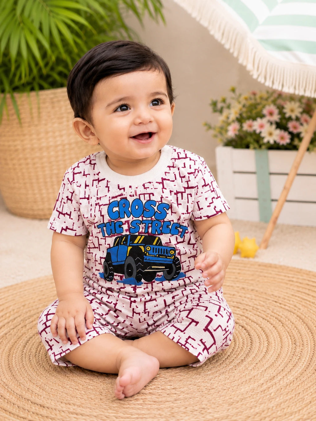 Cotton T-Shirt & Shorts Set with Off-Road Jeep Print
