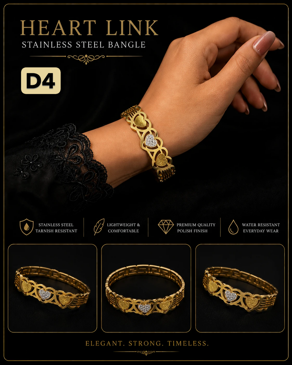 Elegant Heart Stainless Steel Bangle Bracelet for Girls & Women | Gold Crystal Cuff